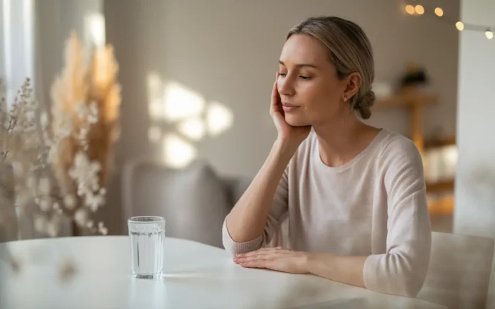 A woman peacefully sitting at a dining table with a glass of water, symbolizing fasting for IBS and digestive health