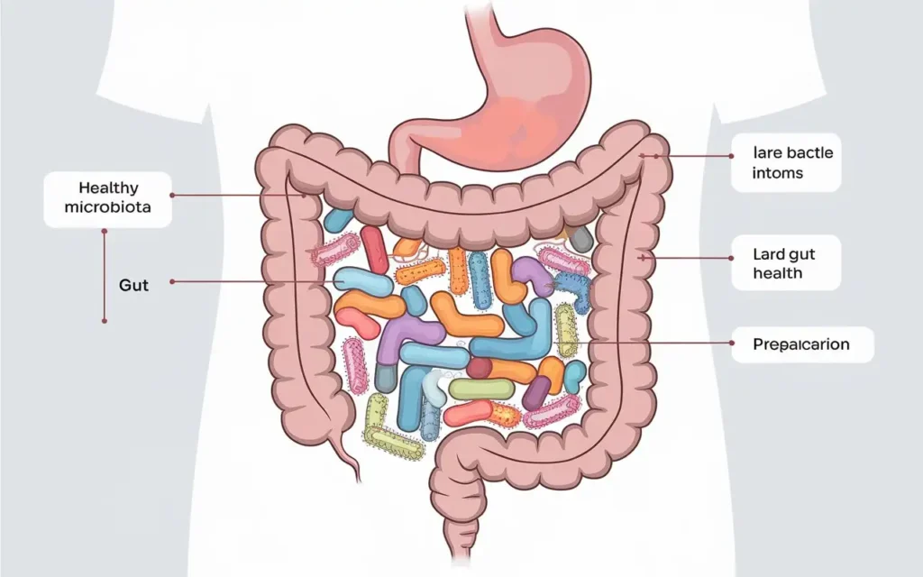 A scientific-style diagram illustrating the connection between fasting for IBS and improved gut microbiota.
