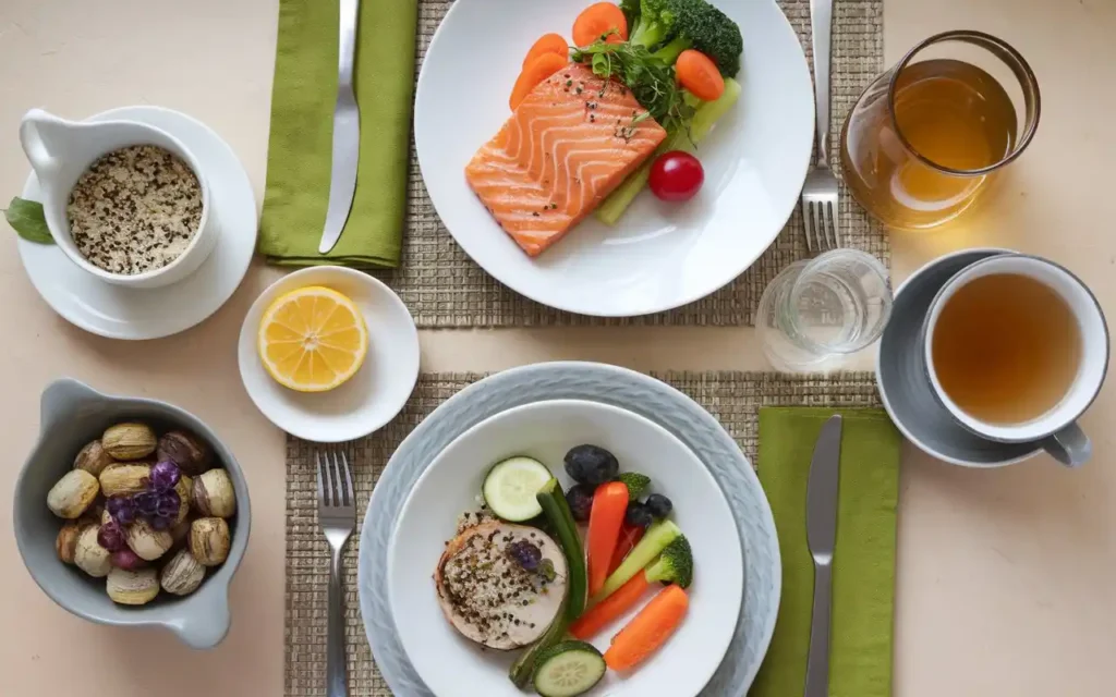 A meal plan template with healthy foods like grilled salmon, quinoa, and vegetables tailored for fasting for IBS.
