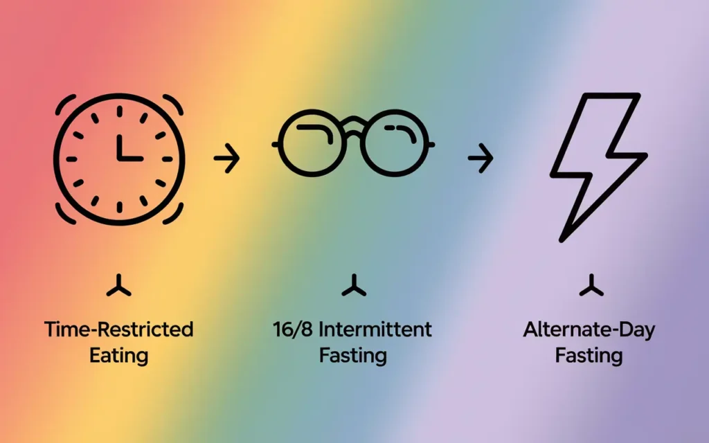 A visual guide showing different fasting methods suitable for IBS, such as intermittent fasting and time-restricted eating.
