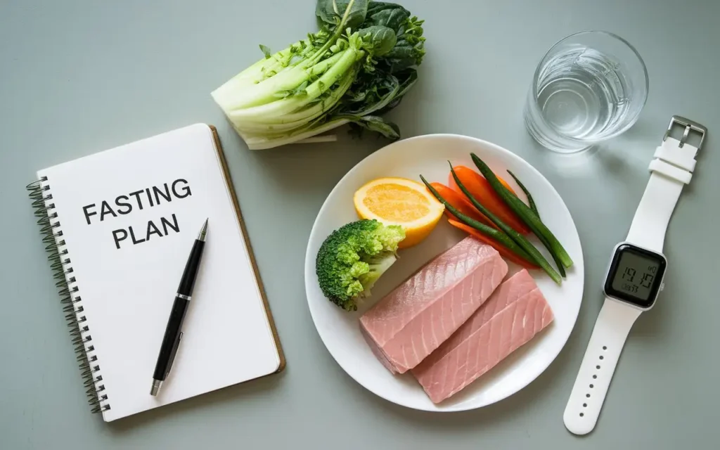 Notebook with a fasting plan, surrounded by healthy food options