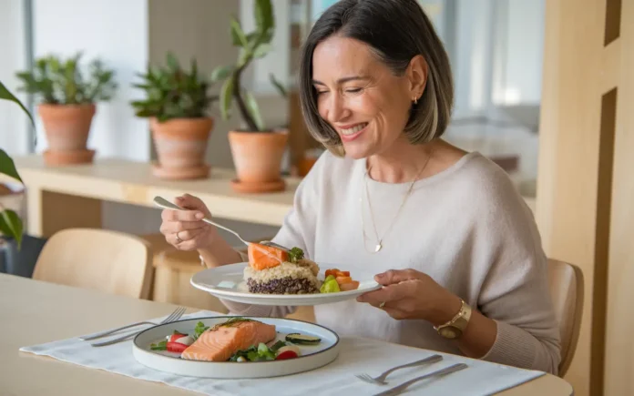 A vibrant middle-aged woman enjoying a balanced meal, representing fasting for women over 40