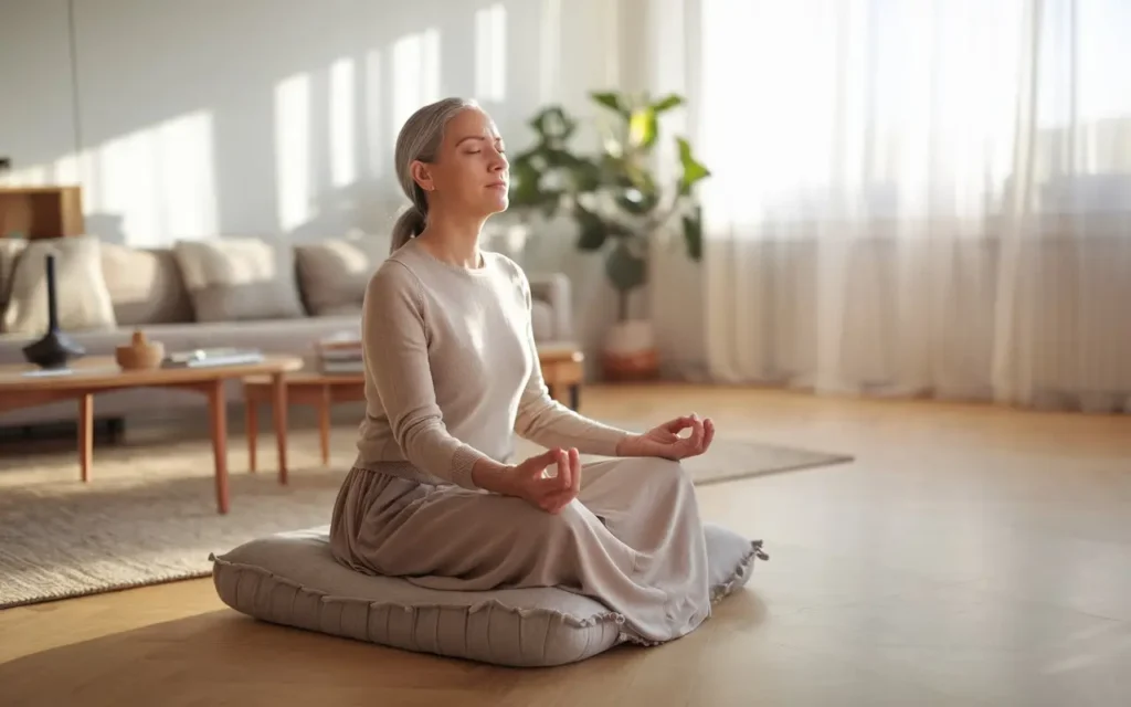 Woman meditating for mental well-being during fasting.