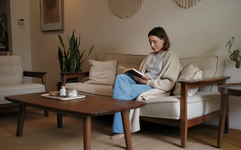 A woman smiling while reading a book, enjoying the benefits of fasting from social media.
