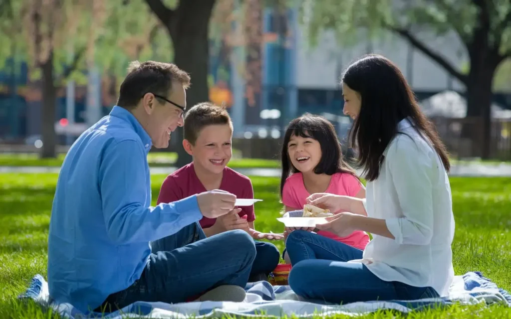 A happy family enjoying a picnic outdoors, free from devices.
