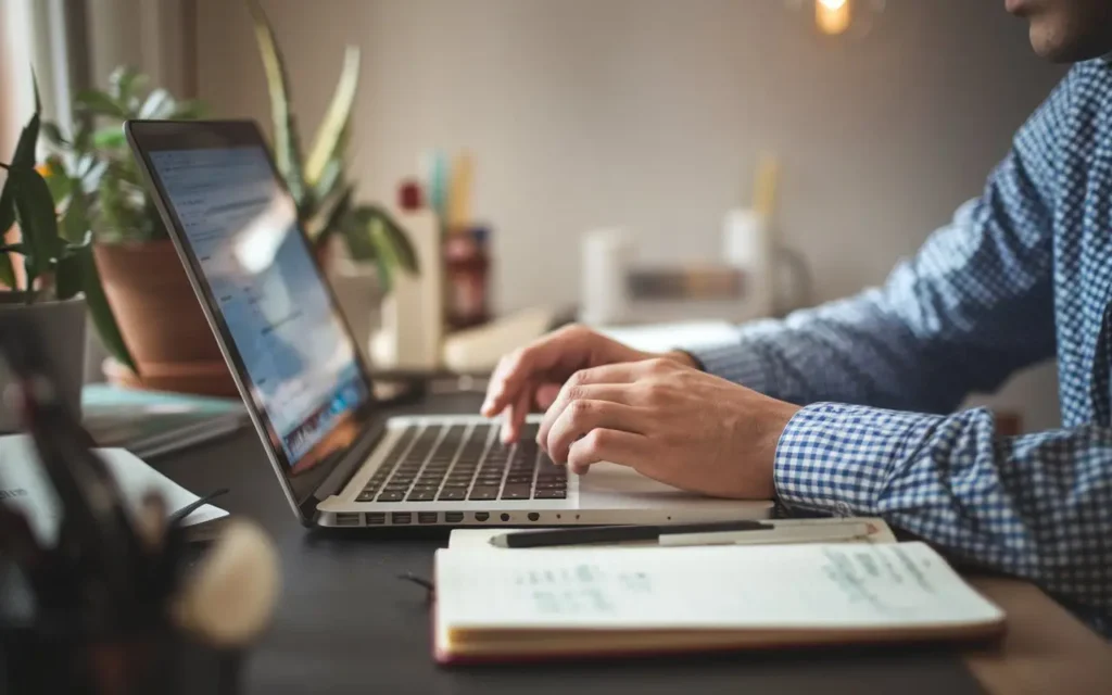 A focused individual working at a laptop in a clean, organized workspace.