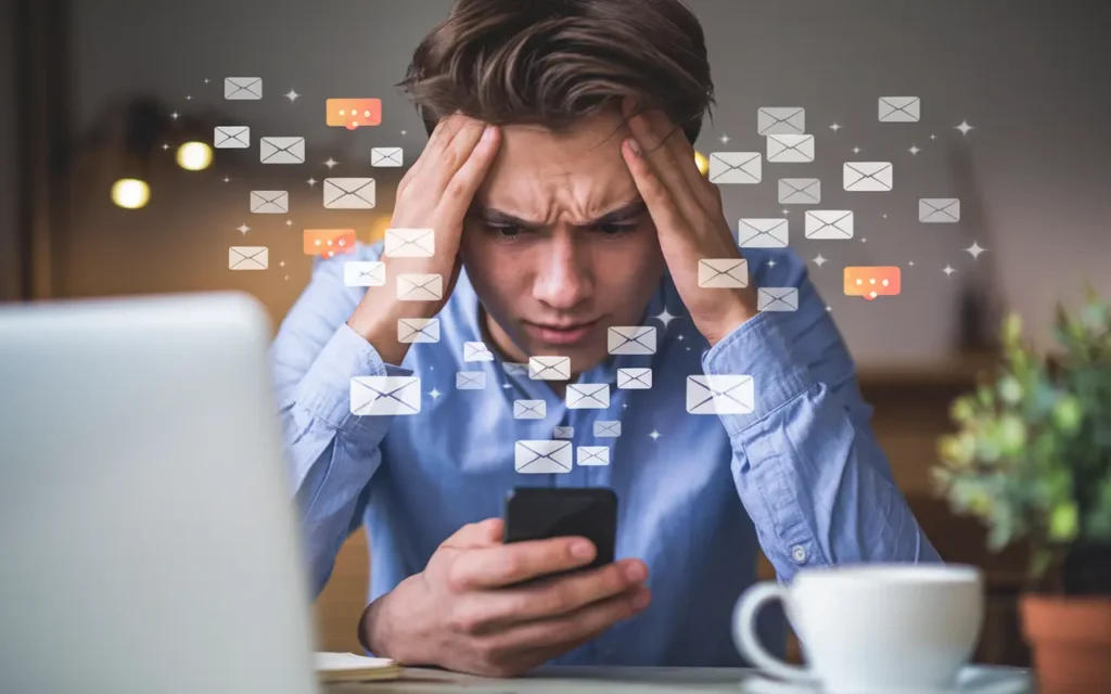 A person overwhelmed by social media notifications on a smartphone.
