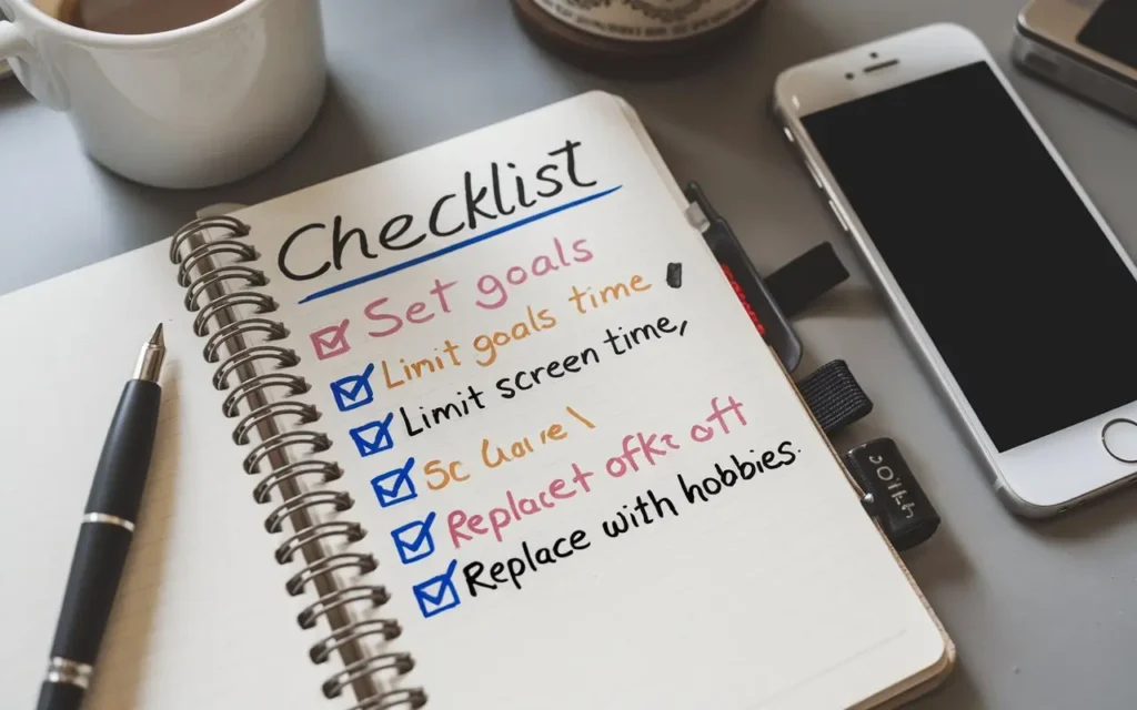 A checklist on a desk with steps for fasting from social media.
