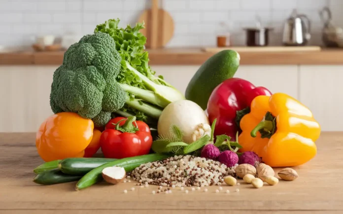 A vibrant plate of fresh vegetables and nuts for a fasting mimicking diet DIY meal