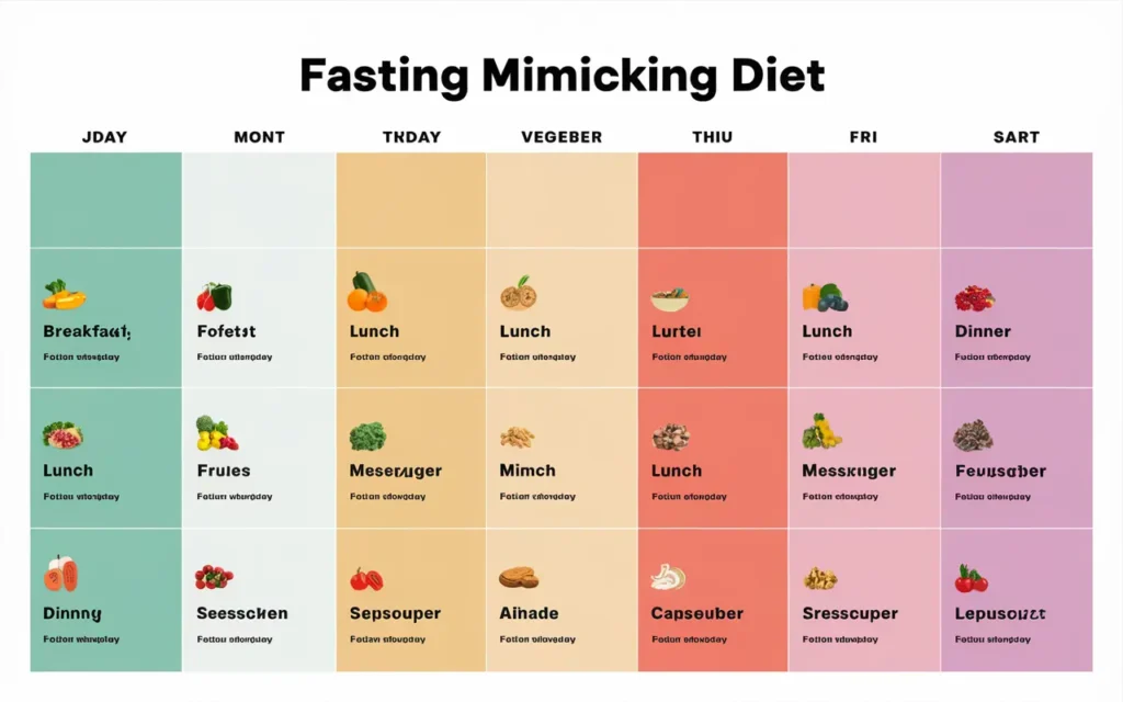 7-Day Fasting Mimicking Diet Meal Plan calendar with healthy meal options