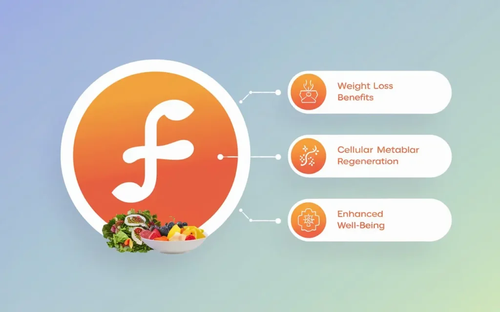 Benefits of the Fasting Mimicking Diet Meal Plan illustrated with icons and healthy foods