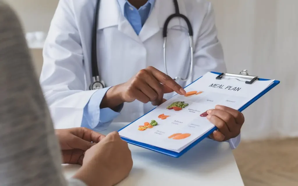 Doctor reviewing a fasting mimicking diet meal plan with a patient