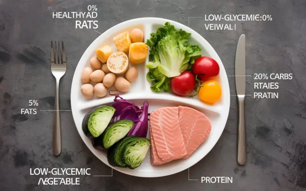 A plate showing macro ratios in a fasting mimicking diet meal plan