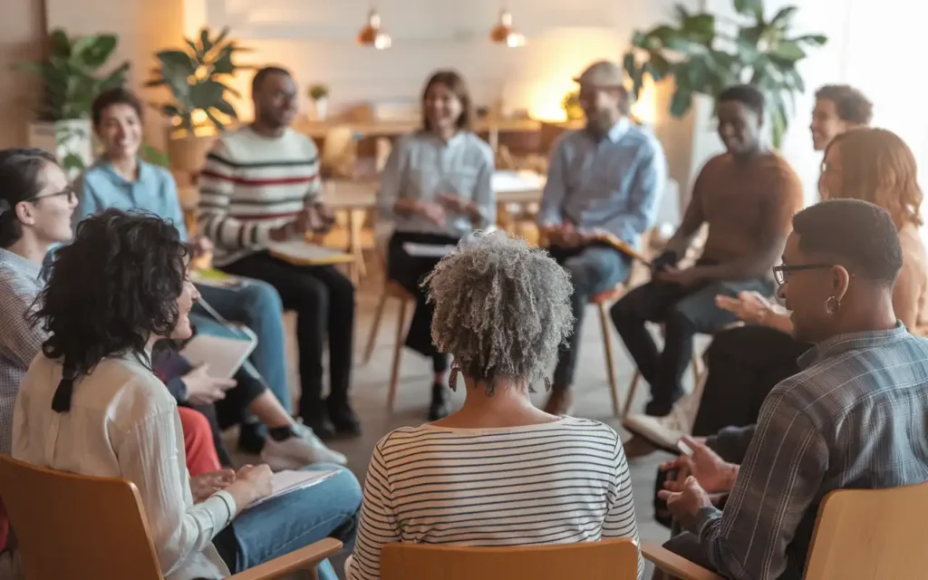 A group of people supporting each other during a fasting workshop.
