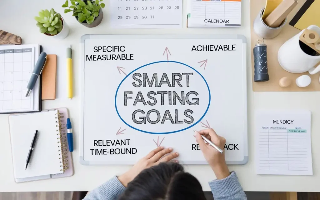 A person setting SMART goals on a whiteboard, with specific fasting objectives written.
