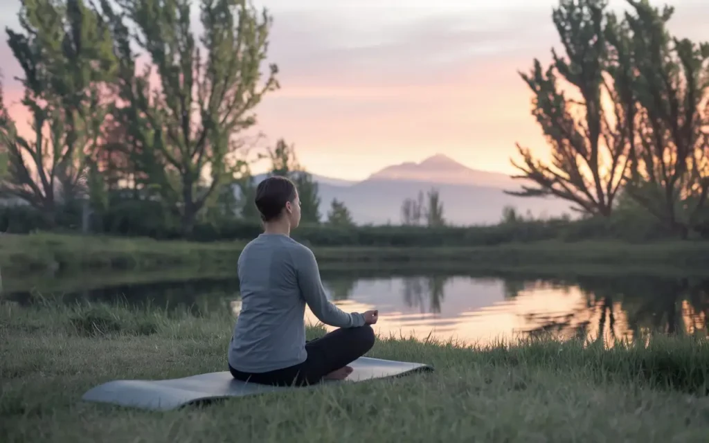 A person meditating peacefully with a serene natural background.
