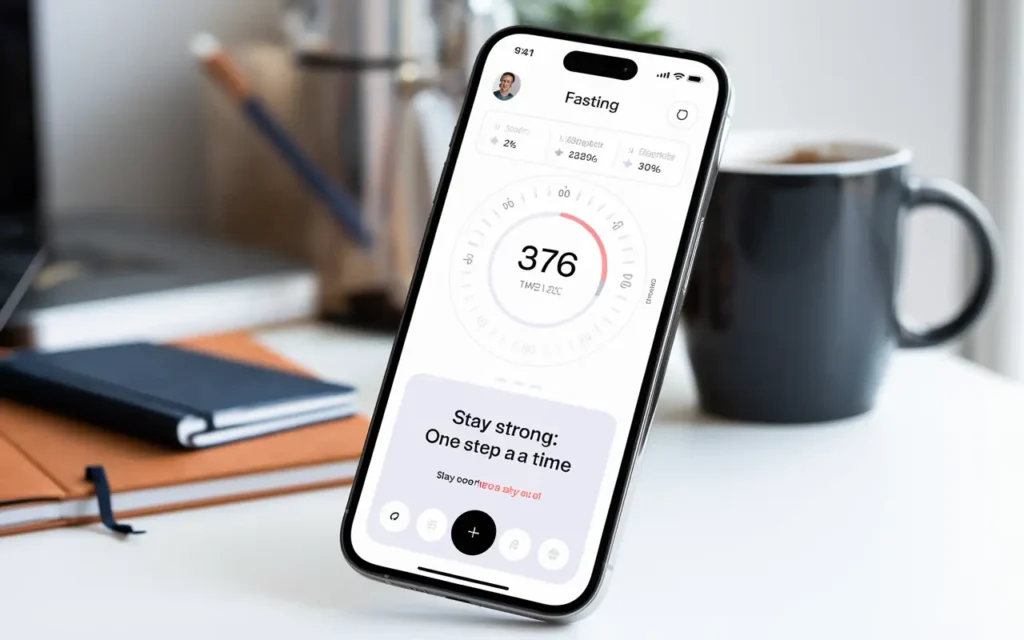 A close-up of a smartphone app displaying fasting progress and motivational quotes.
