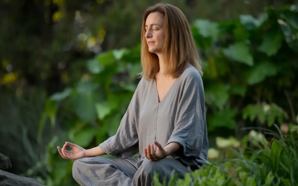 Fasting PCOS mental health: Relaxed woman meditating for stress reduction.