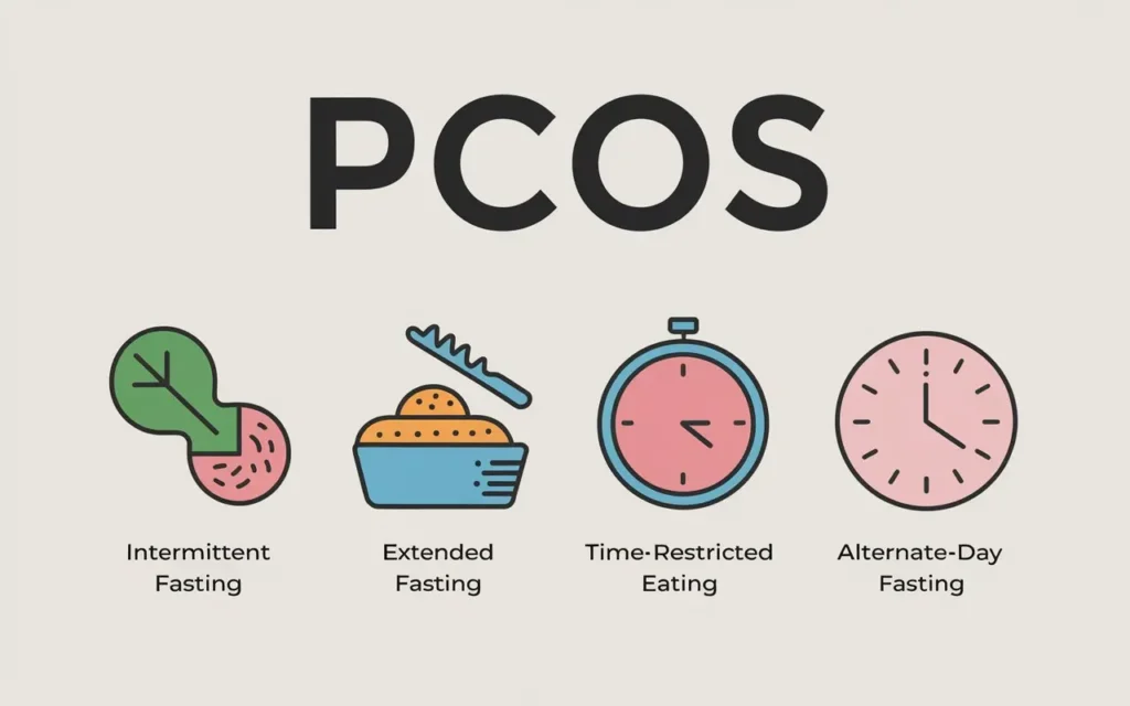 Types of fasting PCOS: Intermittent, extended, and time-restricted eating.