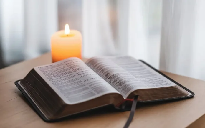 A serene image of a Bible open to Isaiah 58:6-9, symbolizing fasting and prayer