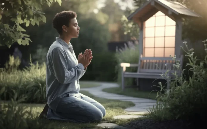 Person praying during a fasting prayer session in a serene setting.