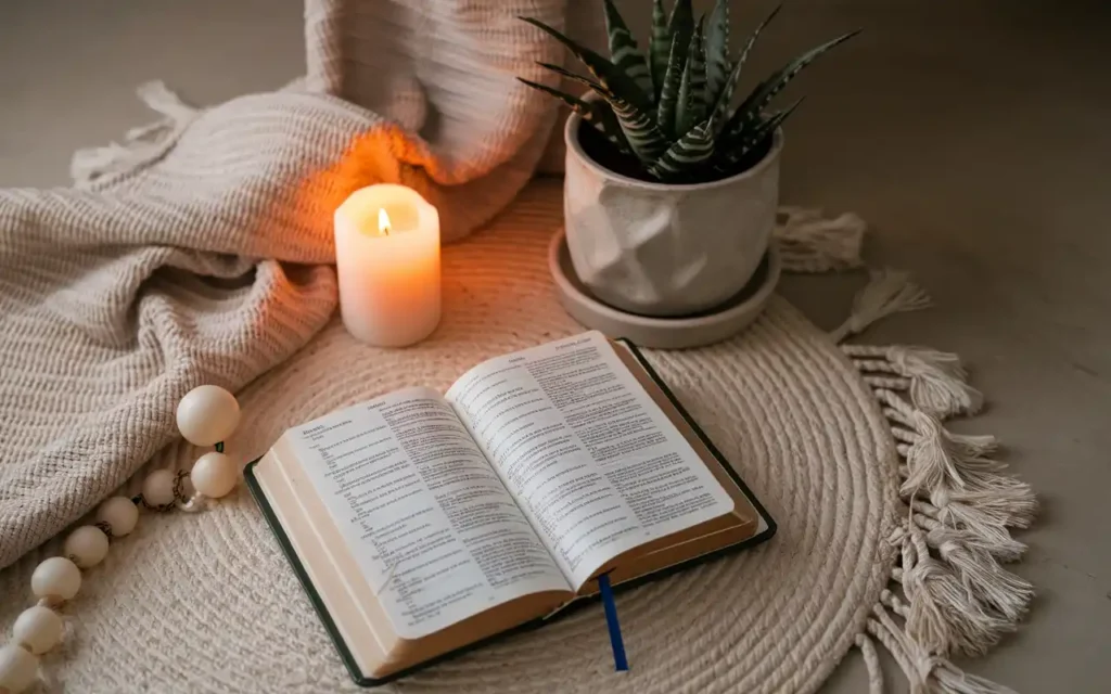 A minimalist prayer space setup with a candle, open prayer book, and a plant.
