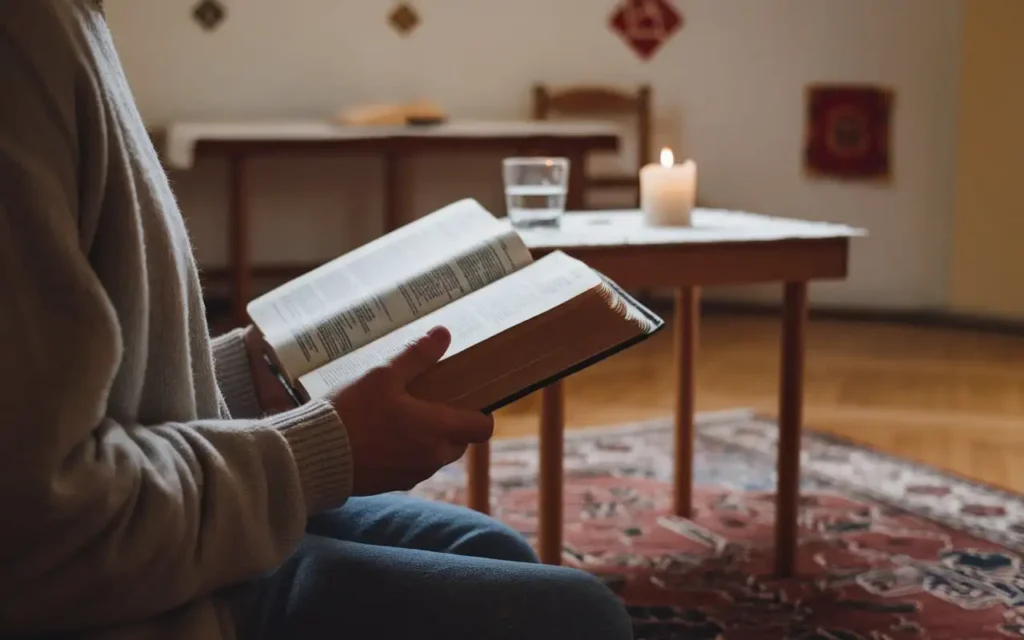 A person kneeling in prayer with a Bible during fasting