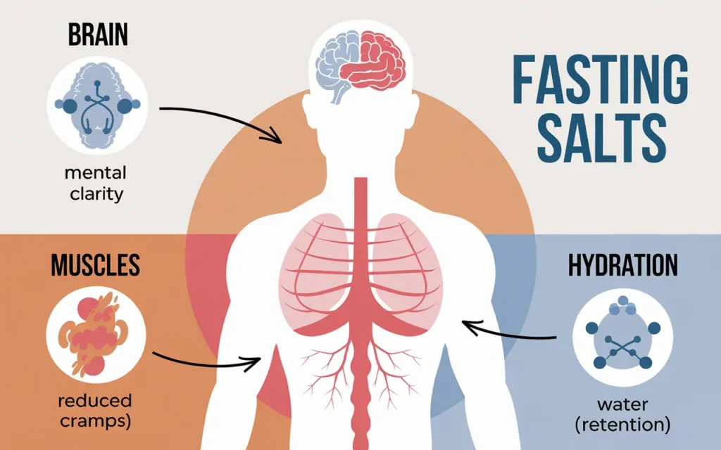 A human body diagram highlighting the benefits of fasting salts.
