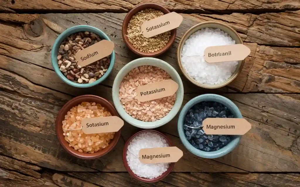 A set of different fasting salts in small bowls, showcasing their variety.
