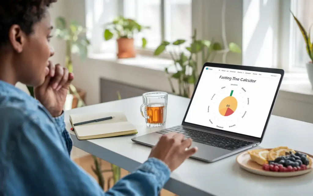 Person using a fasting time calculator on a laptop