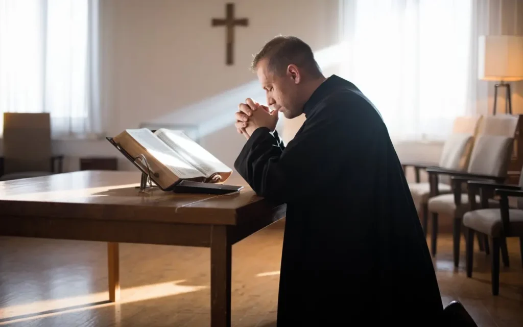 An illustration of a person kneeling in prayer with an open Bible, symbolizing the purpose of fasting in scripture.