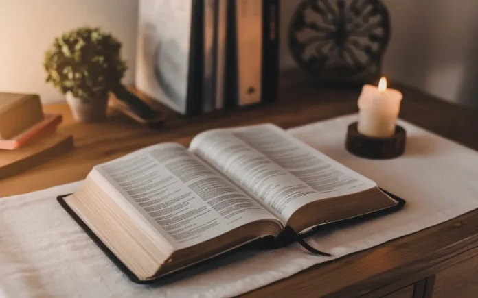 A serene image of an open Bible on a table with a candle, symbolizing fasting and spiritual reflection.