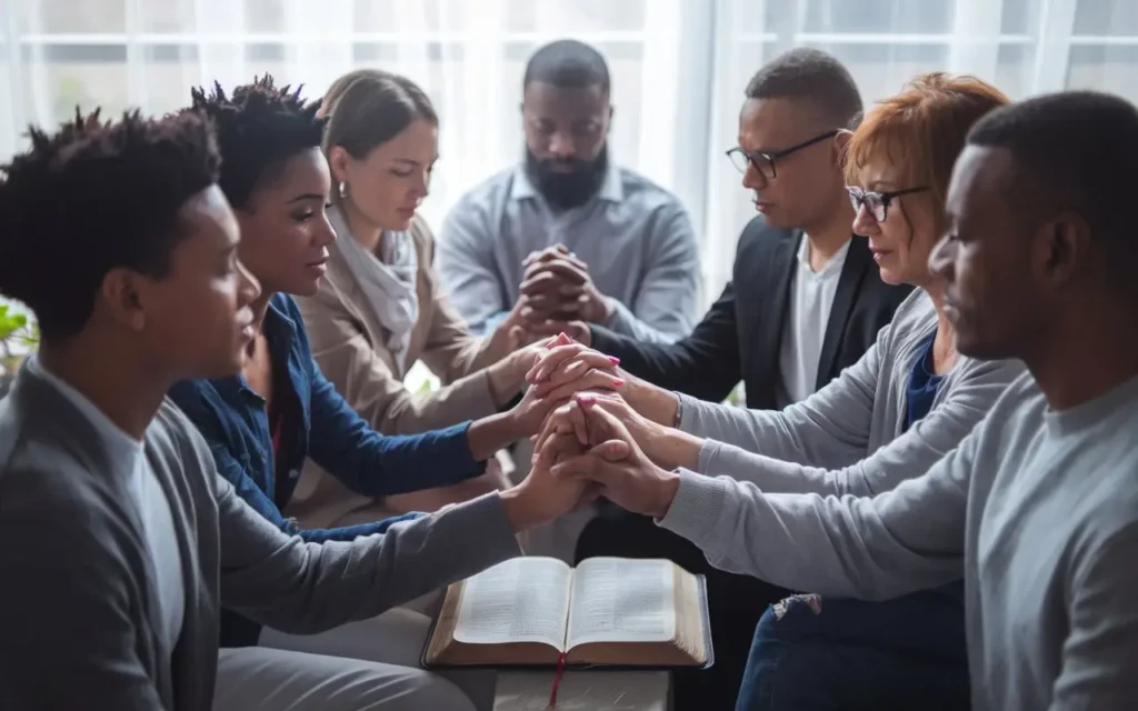 A group of people holding hands in prayer, symbolizing fasting and communal prayer.