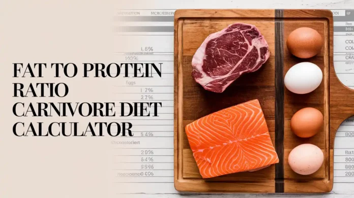 A visual representation of the fat to protein ratio carnivore diet calculator with a balance of meat cuts and macros