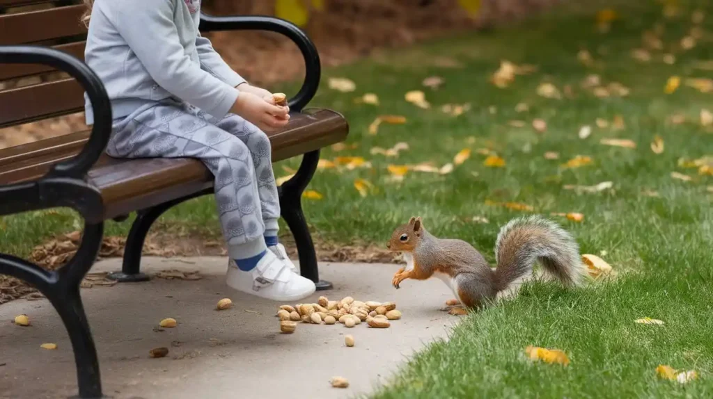 A child feeding a squirrel nuts in a park