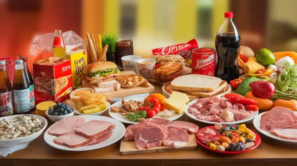 A collection of unhealthy processed foods, red meats, and sugary drinks to avoid in a fibroid diet plan