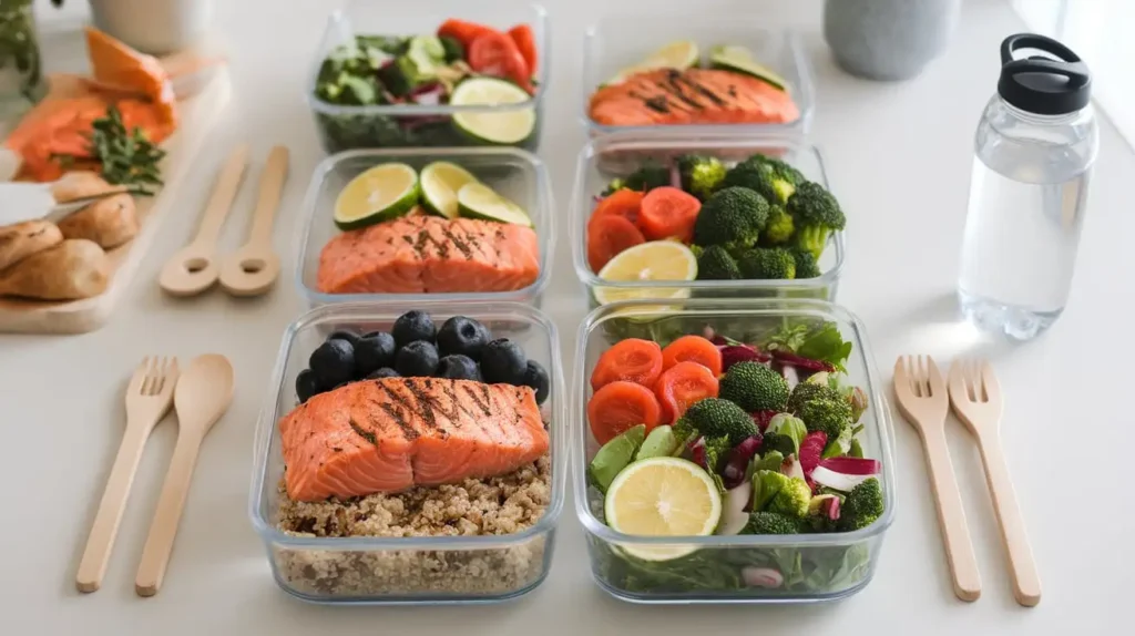 A meal-prepped fibroid-friendly meal with quinoa, grilled salmon, and steamed vegetables in separate containers