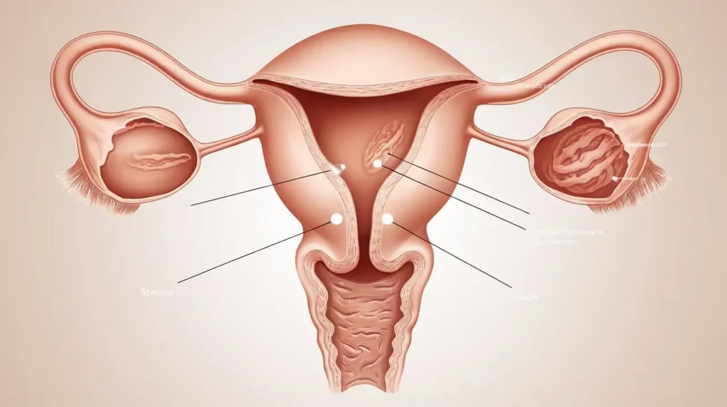 A medical illustration of the female reproductive system showing uterine fibroids