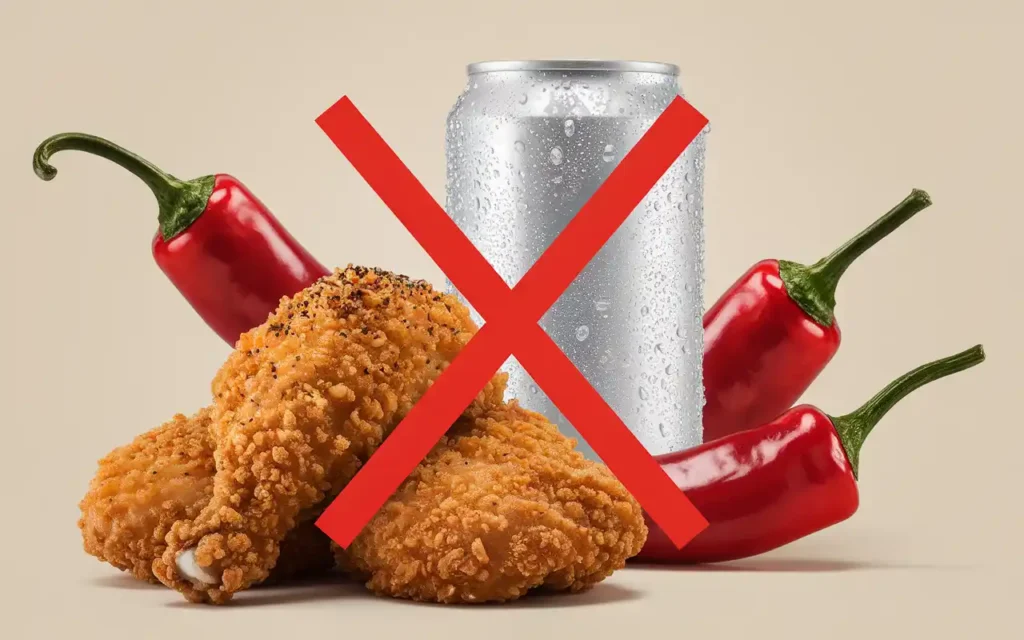 A selection of foods to avoid after colon resection, including fried foods and carbonated drinks.
