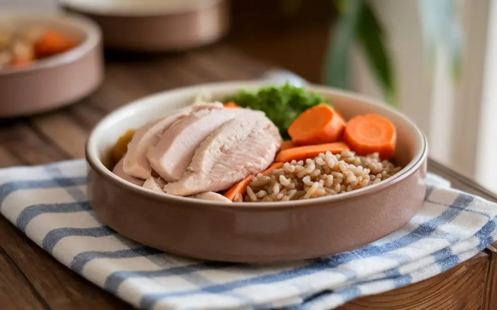 A bowl of low-fat dog food with boiled chicken and carrots