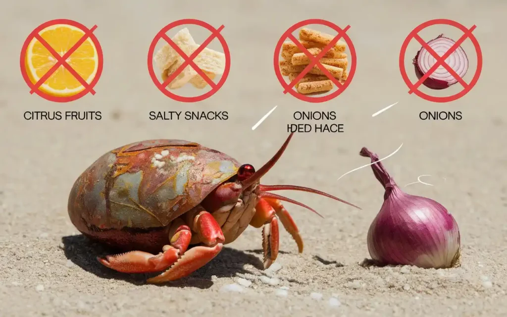 Unsafe foods for hermit crabs with warning symbols.