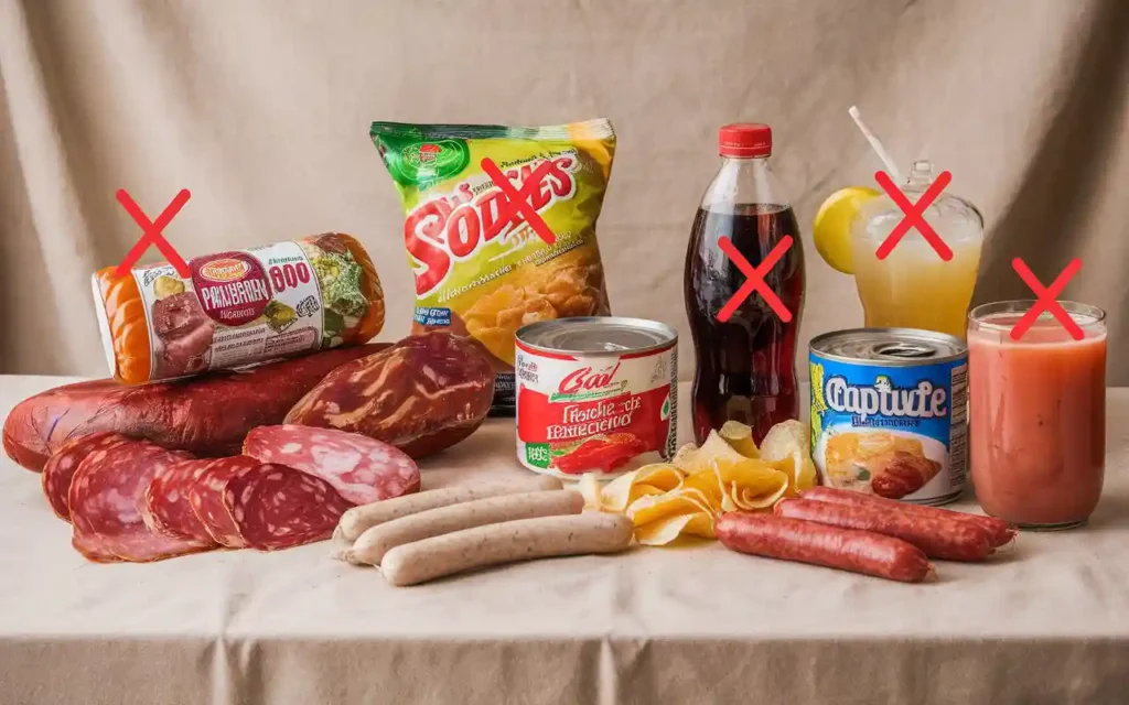 Unhealthy foods like salty chips, processed meats, and sugary drinks to avoid after a kidney transplant