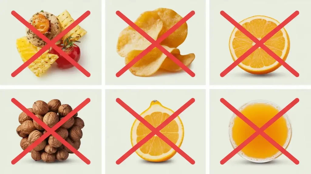 A cautionary image highlighting foods to avoid after oral surgery