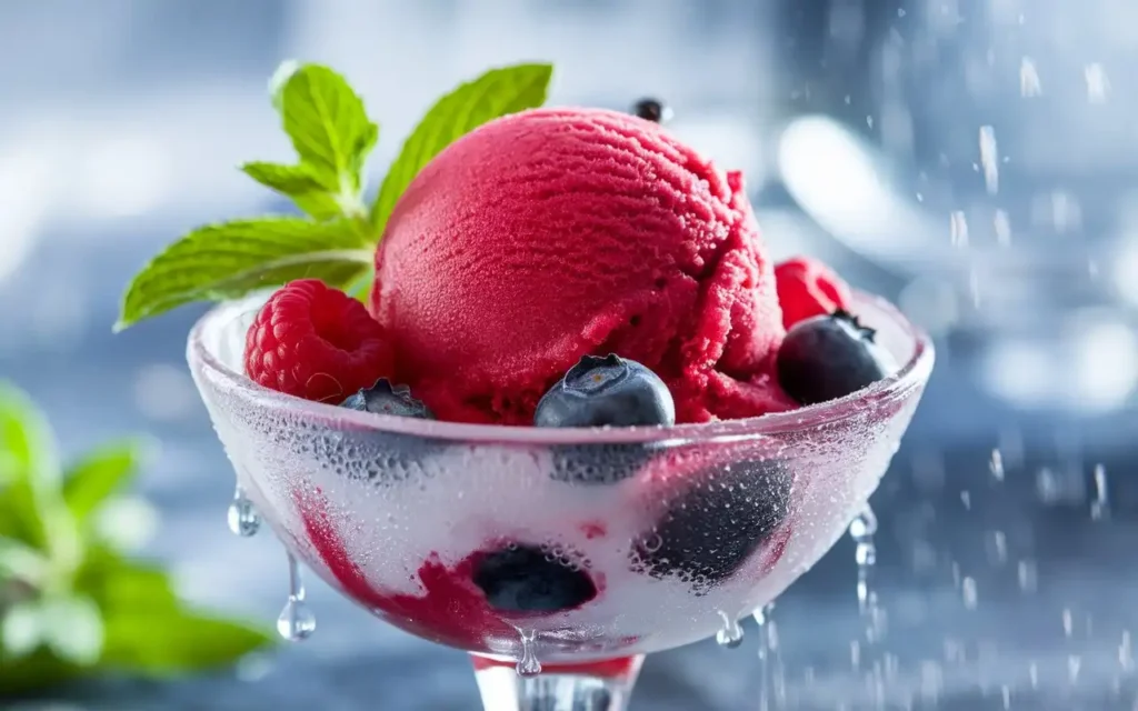 A refreshing sorbet made from mixed fresh berries, served in a glass bowl.
