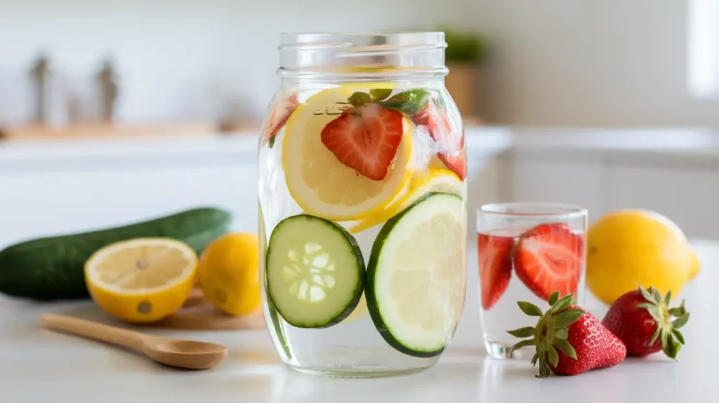 A detoxifying fruit water setup for a fruit diet plan.