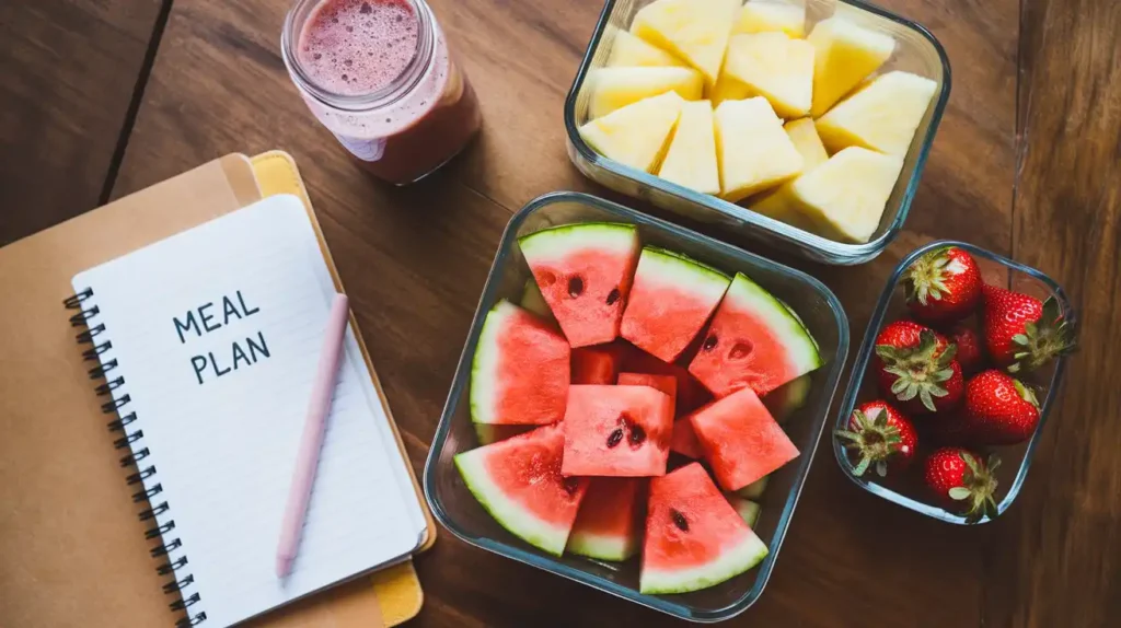 Prepped fruit meals in containers for a fruit diet plan.
