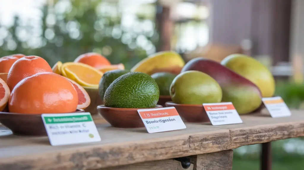 Fresh fruits arranged with nutrition fact cards to highlight their health benefits.
