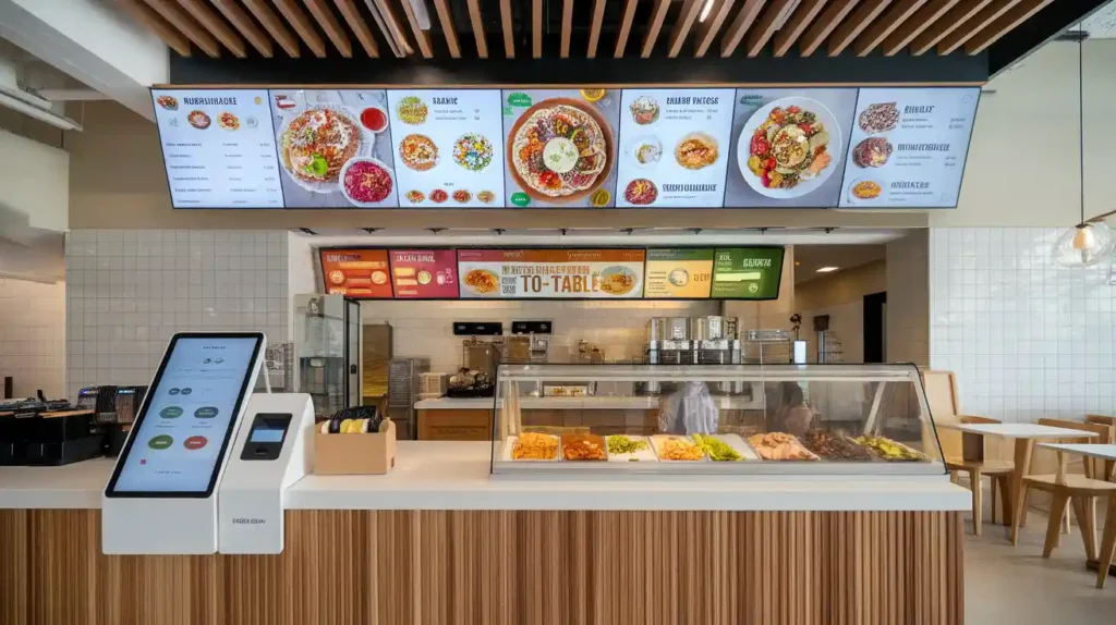 A futuristic Mediterranean fast-food restaurant using AI-powered kiosks and sustainable packaging.