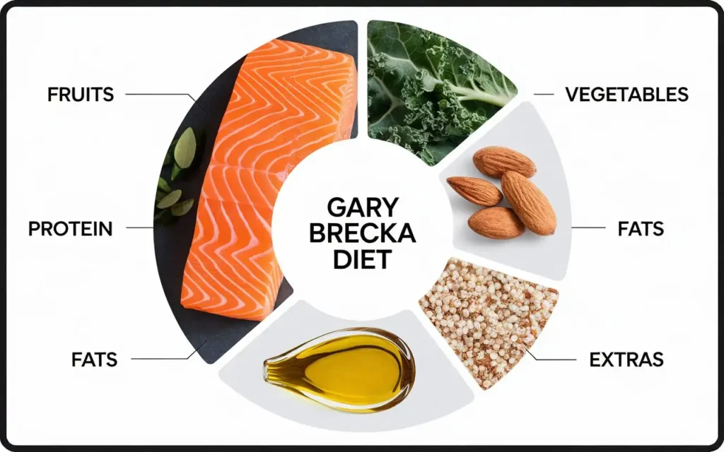 An organized layout of gary brecka diet food list list categorized by proteins, vegetables, healthy fats, and whole grains