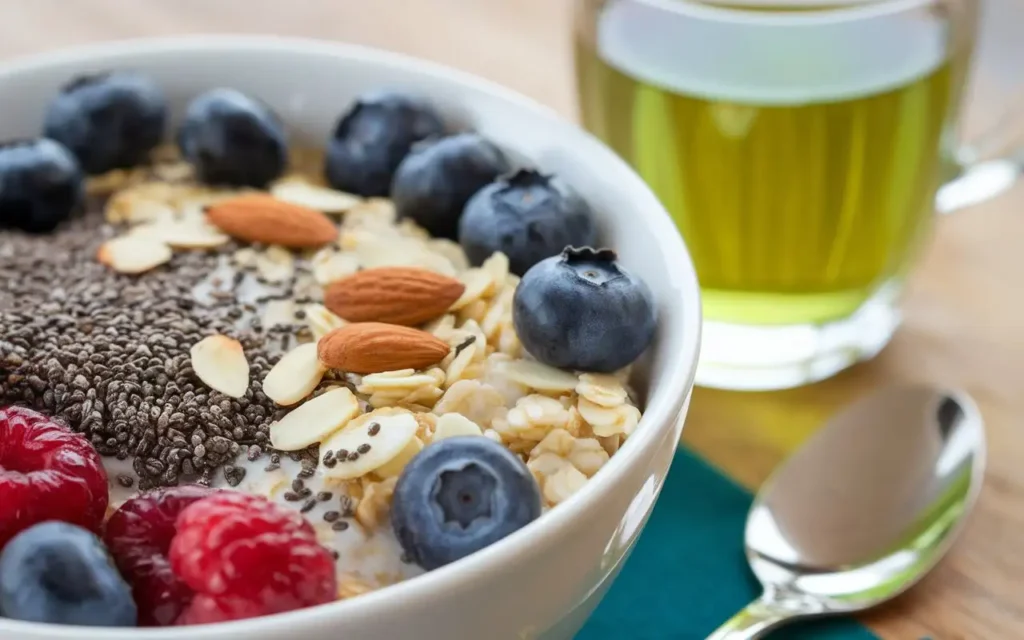 A bowl of oatmeal with chia seeds, blueberries, and almonds—one of the energy-boosting meals from Gary Brecka’s diet